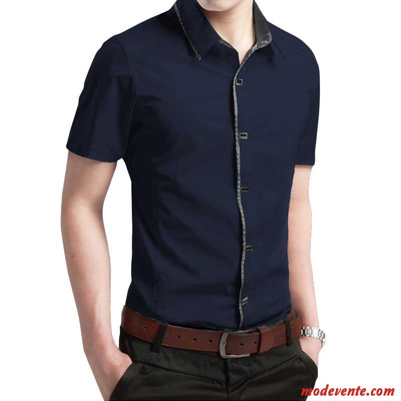 Chemise Homme Épissure Courte Grande Taille Demi Manches Été Coton Bio Bleu Gris