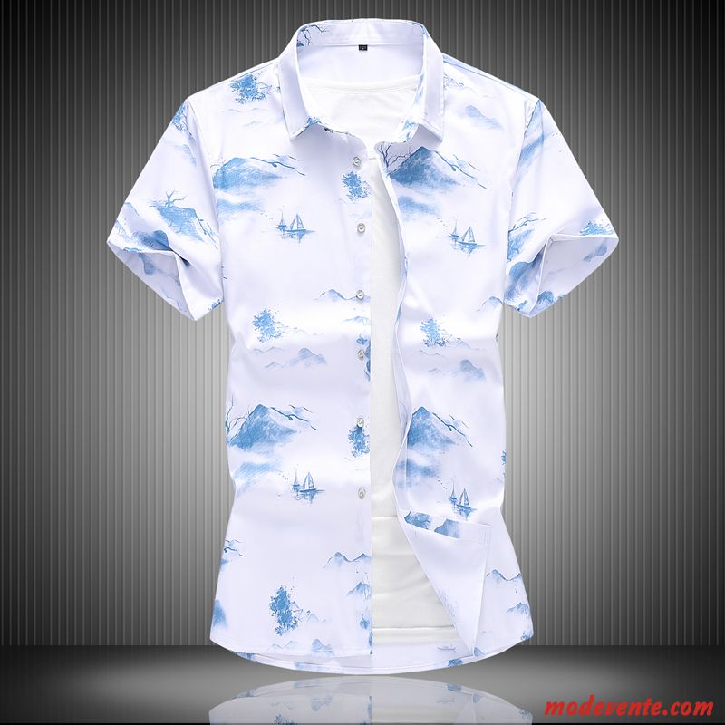 Chemise Homme Été Grande Taille Demi Manche Tendance Chemisette Impression Blanc