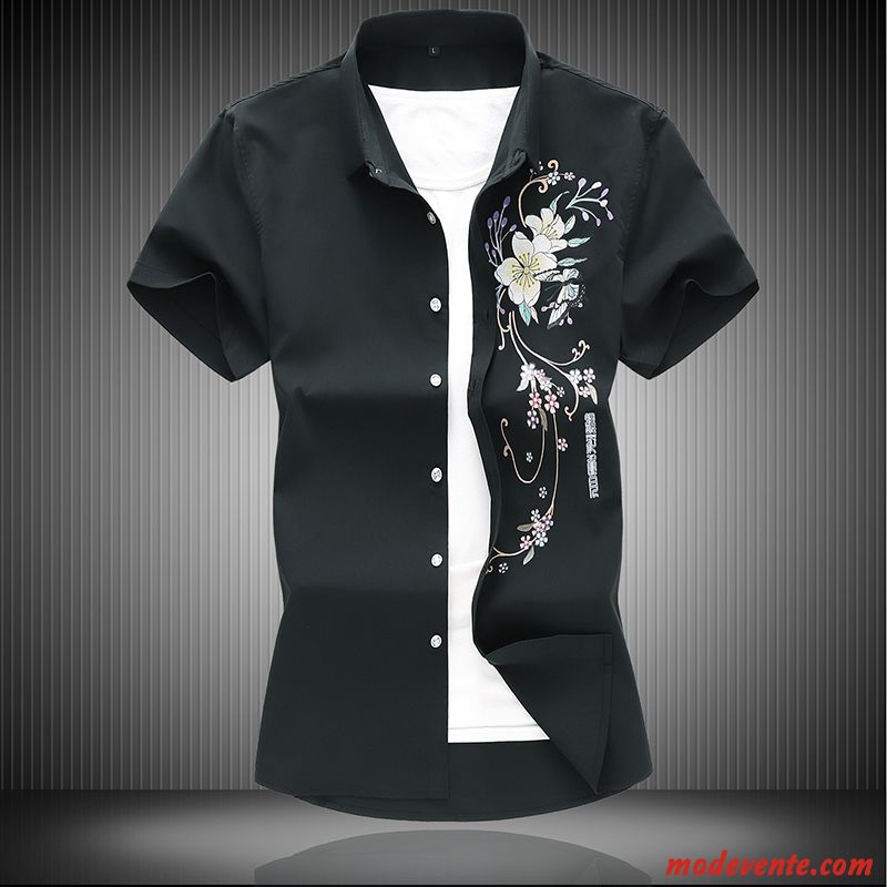 Chemise Homme Été Légère Gras Maillot De Corps Courte Style Chinois Impression Noir