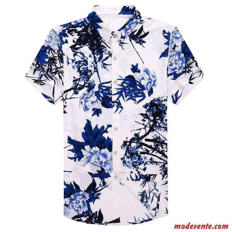 Chemise Homme Été Tendance Style Chinois Personnalité Fleur Courte Impression Bleu