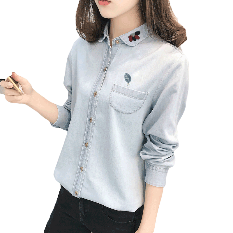 Chemisier Femme Chemise Étudiant Broderie Denim Slim Longues Gris Clair