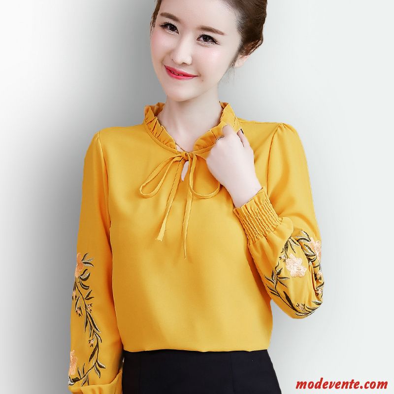 Chemisier Femme Col Mandarin Broderie Longues Une Veste Mousseline De Soie Chemise En Bas Jaune