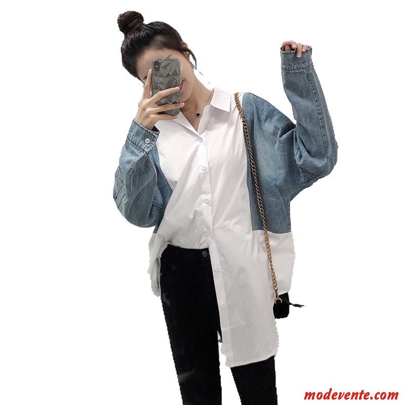 Chemisier Femme Une Veste Chemise Désign Épissure L'automne Denim Impression Bleu Blanc