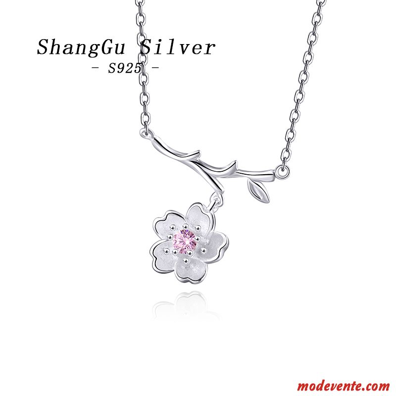 Collier Femme Frais Cadeau D'anniversaire Art Fleurs De Cerisier Pure Argent