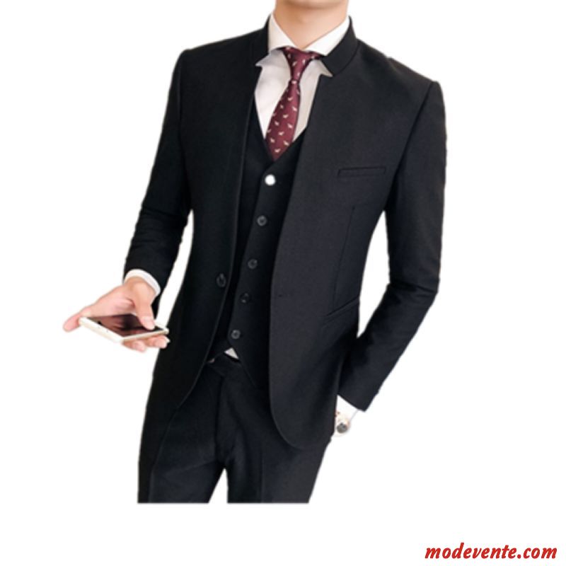 Costume Homme Slim Ensemble Britanique Costume Formel Col Mandarin Tempérament Pure Bleu