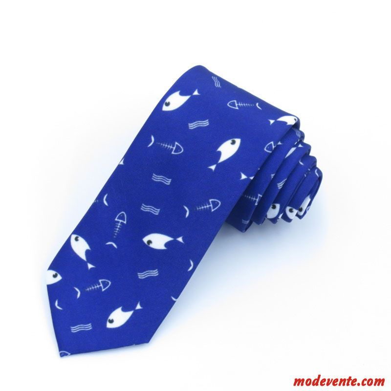 Cravate Homme Personnalité Mode Petit Étroit Bleu Marin Impression Bleu Jaune