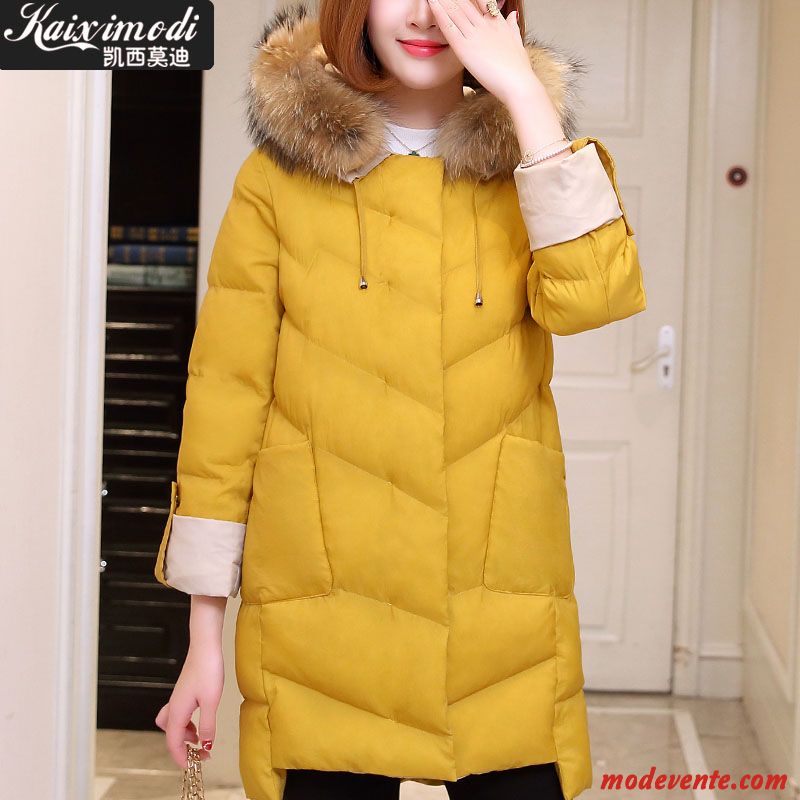 Doudoune Femme Longue Manteau Veste En Coton Épaissir Fourrure Duvet Hiver Jaune