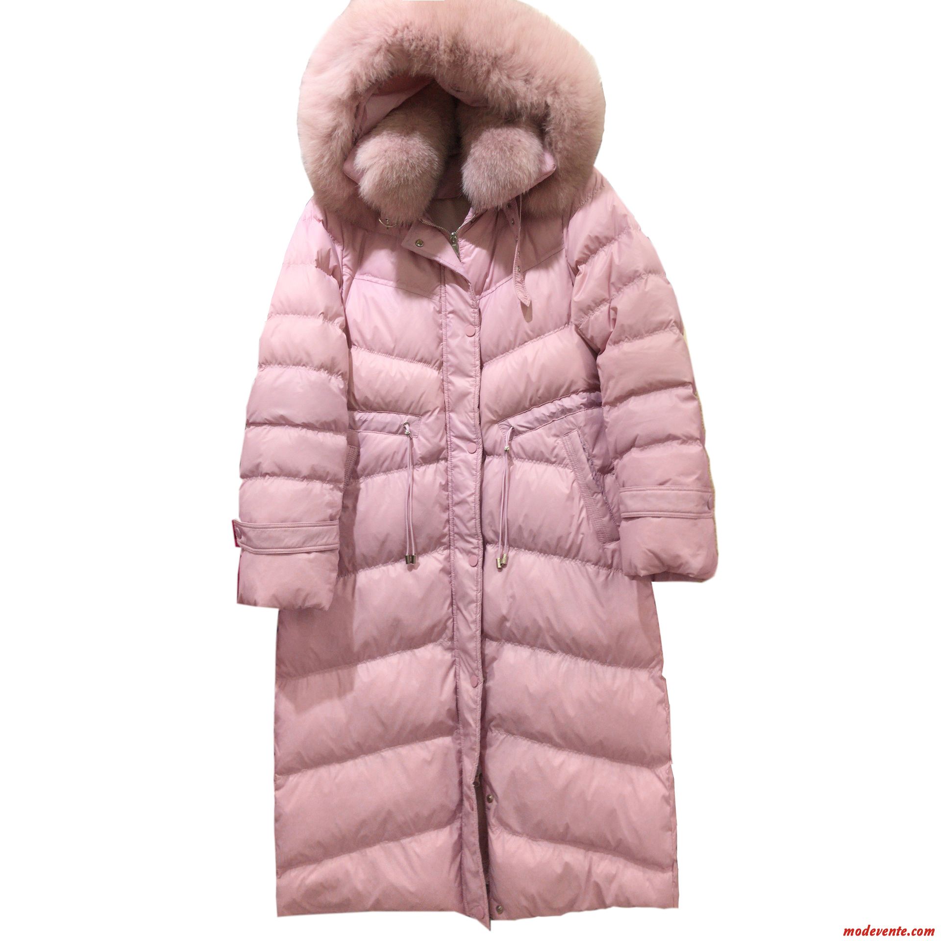 Doudoune Femme Longue Épaissir Renard Manteau Tendance Grand Col De Fourrure Rouge Rose