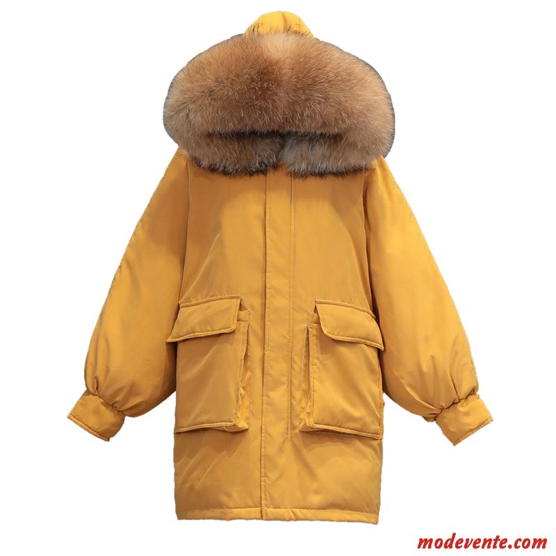 Doudoune Femme Mode Longue Tendance Épaissir Hiver Cuir Suède Jaune