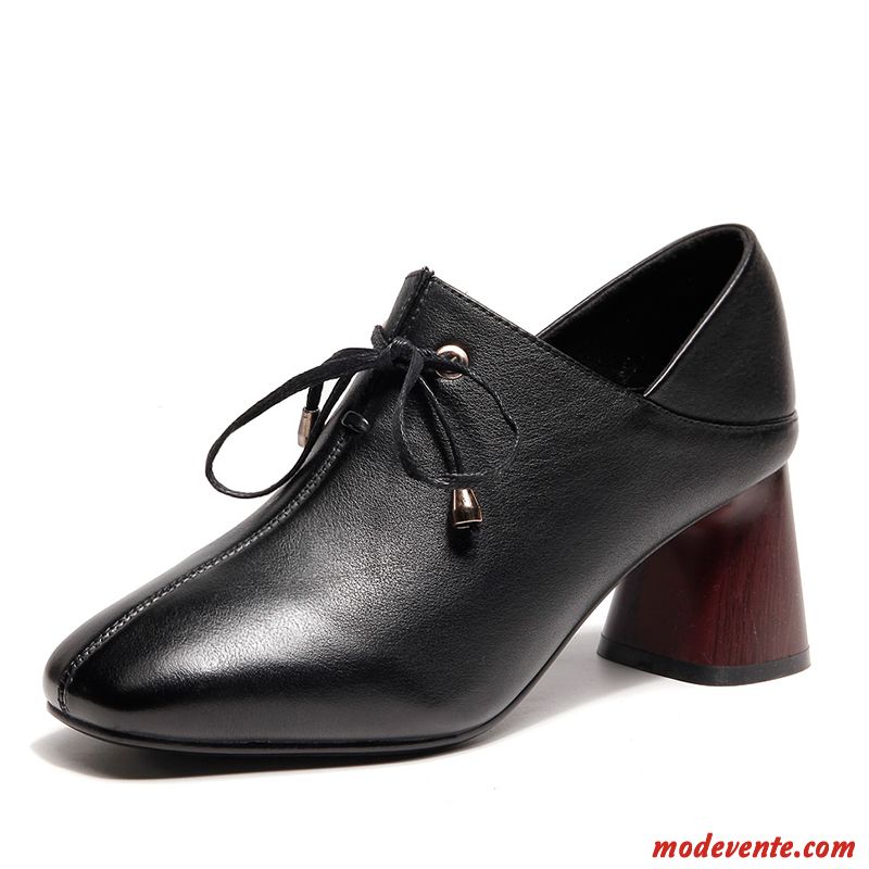 Escarpins Femme Décontractée Printemps Talons Hauts Angleterre Cuir Véritable Chaussures En Cuir Noir