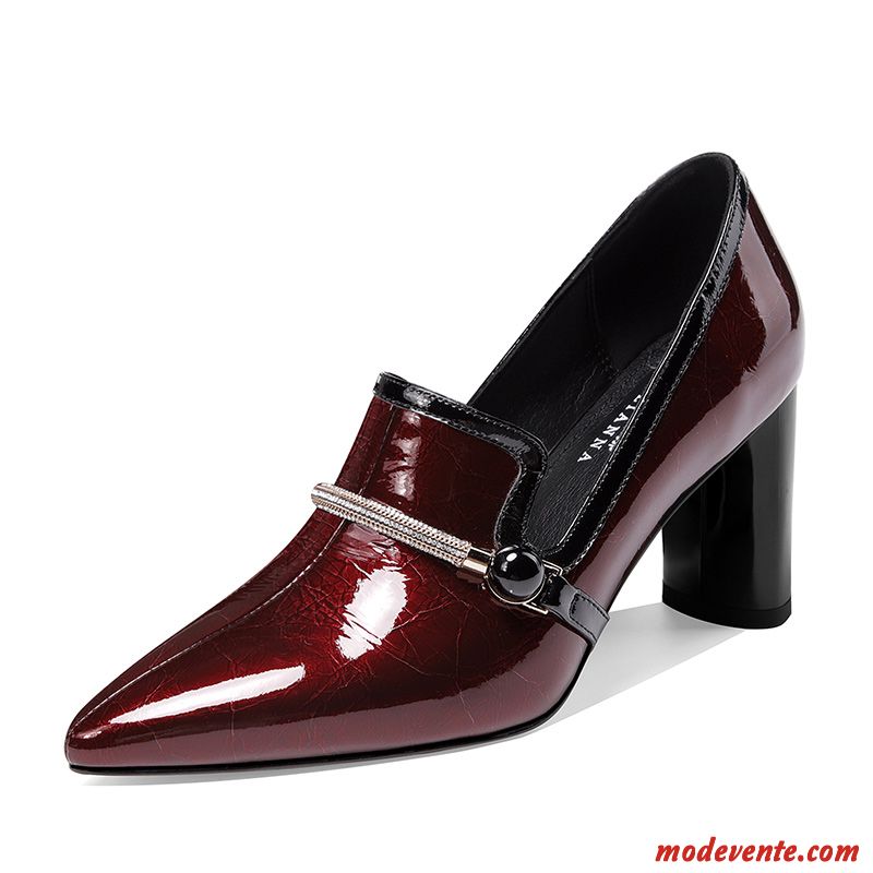 Escarpins Femme Imitation Strass L'automne Épais Tous Les Assortis Cuir Verni Pointe Pointue Bordeaux