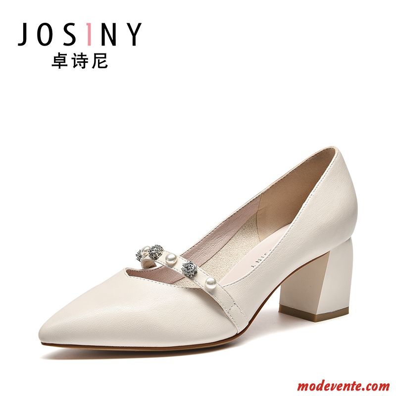 Escarpins Femme Imitation Strass Printemps Derbies Épais Talons Hauts Pointe Pointue Blanc Clair