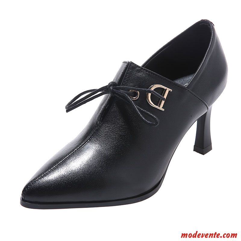 Escarpins Femme Pointe Pointue Chaussures En Cuir Cuir Véritable Talon Moyen Printemps Laçage Noir