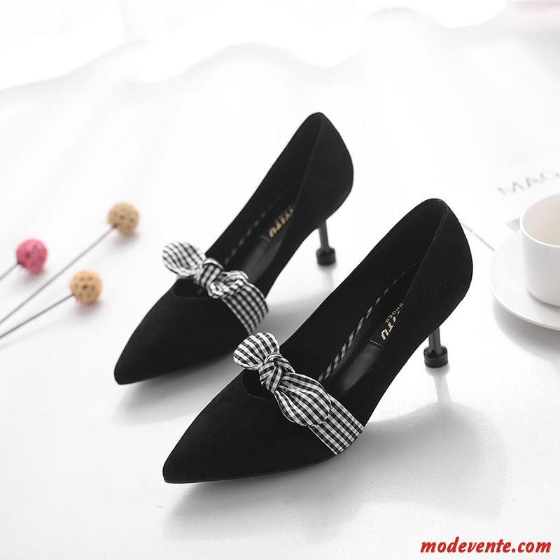 Escarpins Femme Printemps Talon Moyen Frais Pointe Pointue Arc Minces Noir