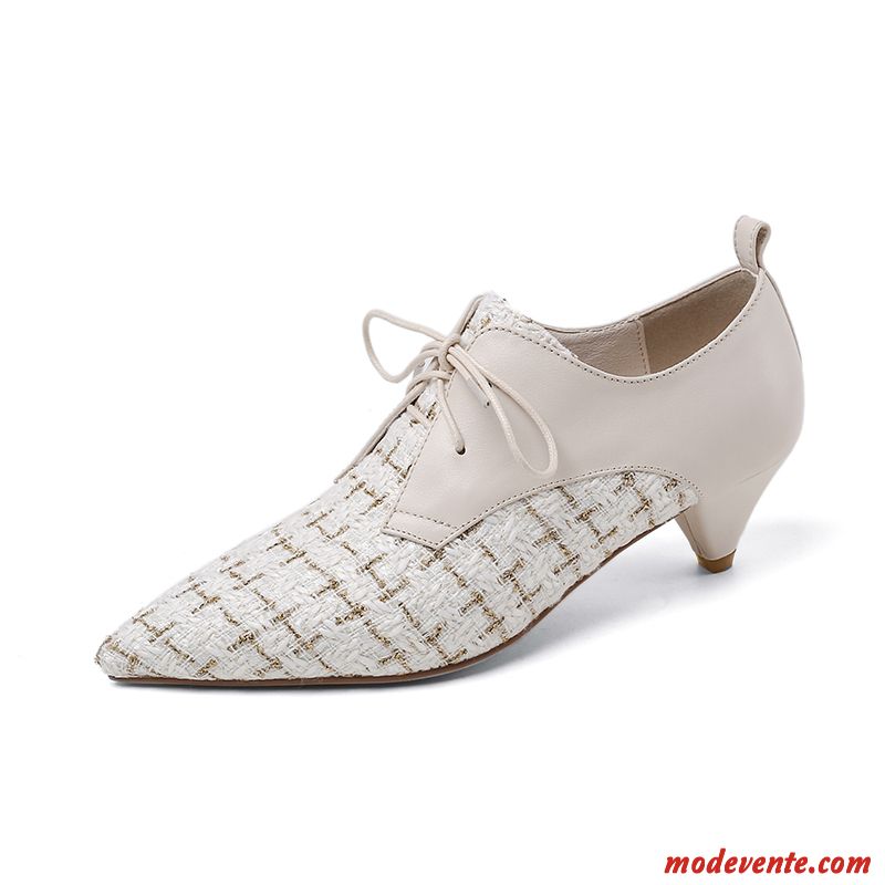 Escarpins Femme Rétro Laçage Derbies Printemps Fleur Cuir Véritable Blanc Foncé