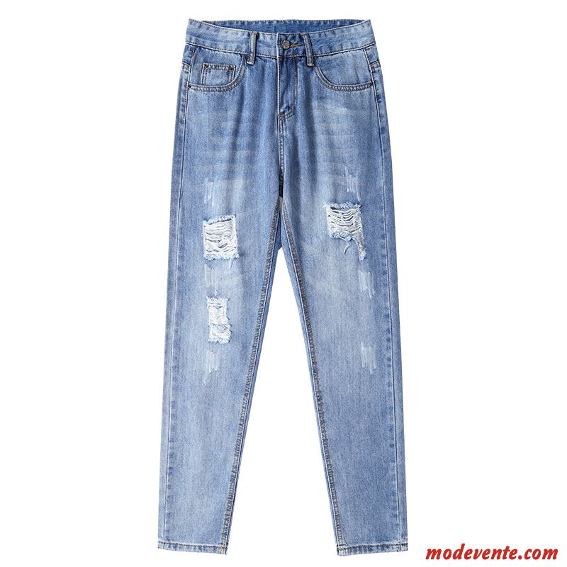 Jeans Femme Baggy Des Trous Mince Haute Cintrée L'automne Jambe Droite Bleu Clair