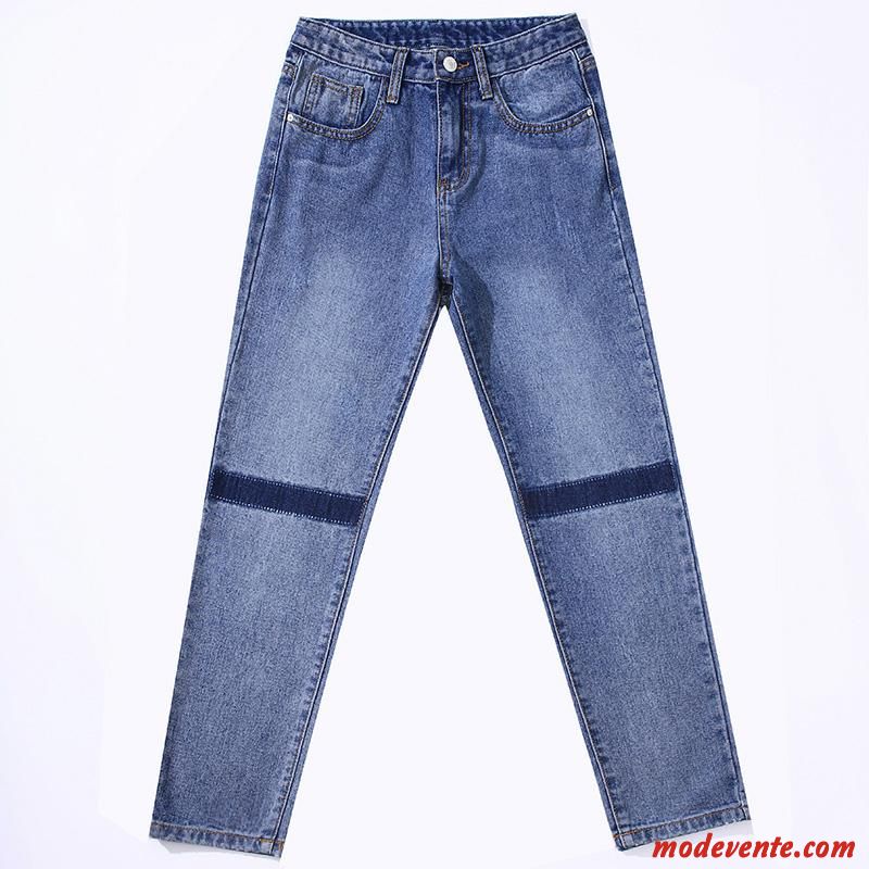Jeans Femme Baggy Mince Pantalon Haute Cintrée Jambe Droite Rétro Bleu Marin