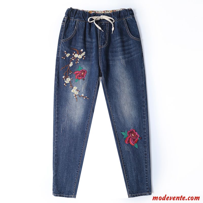 Jeans Femme Broderie Harlan L'automne Jambe Droite Grande Taille Pantalon Bleu Marin