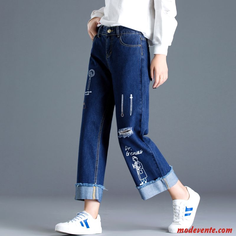 Jeans Femme Collants Jambe Droite Haute Cintrée Mince Des Trous Baggy Bleu Foncé