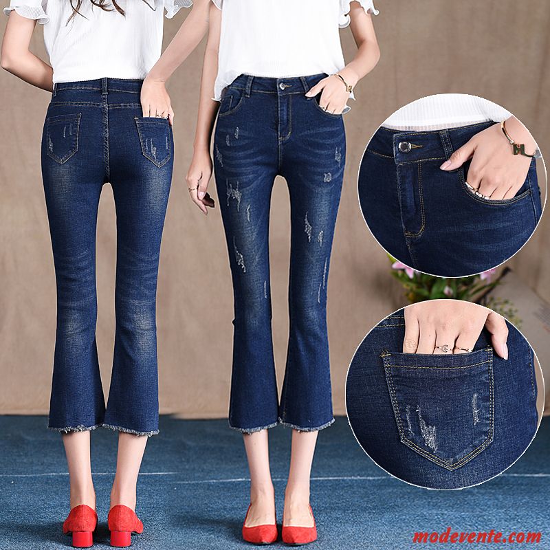 Jeans Femme Extensible Courte Été Mince Grande Taille Haute Cintrée Bleu Foncé
