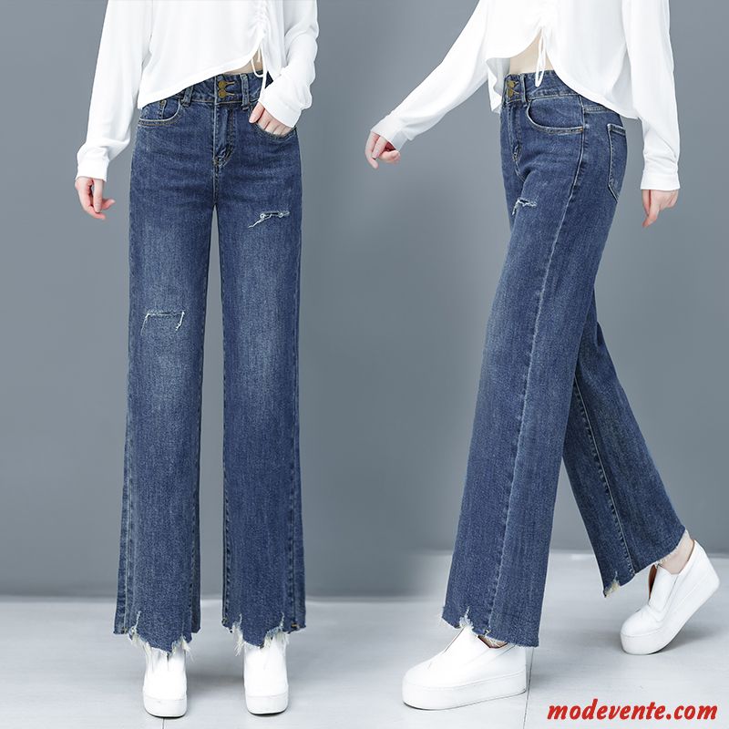 Jeans Femme Haute Cintrée Bord Tempérament Pantalon Baggy Gros Bleu Marin