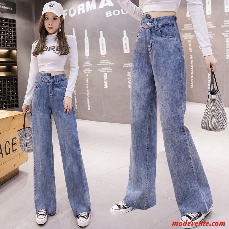 Jeans Femme Haute Cintrée Printemps Jambe Droite Baggy Irrégulier Pantalon Bleu