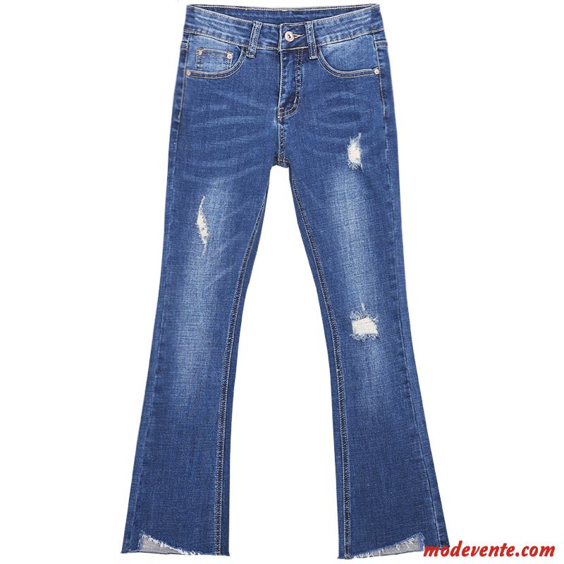 Jeans Femme Jambe Droite Troués Mince Printemps Jean Évasé L'automne Bleu Clair