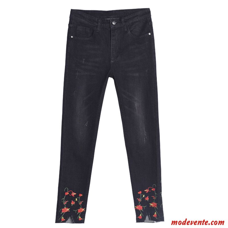 Jeans Femme L'automne Fleur Mince Printemps Collants Ultra Noir