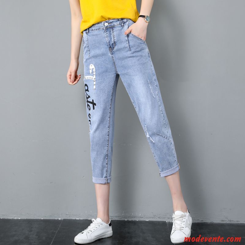 Jeans Femme Légère Été Baggy Septième Pantalon Troués Haute Cintrée Bleu