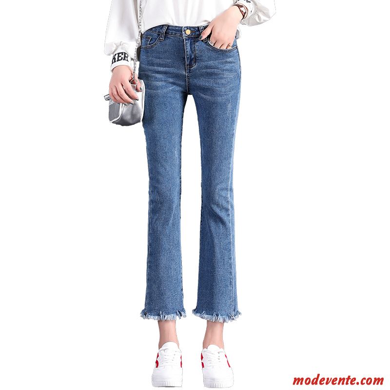 Jeans Femme Légèrement Jambe Droite Haute Cintrée Été Printemps Jean Évasé Bleu Foncé