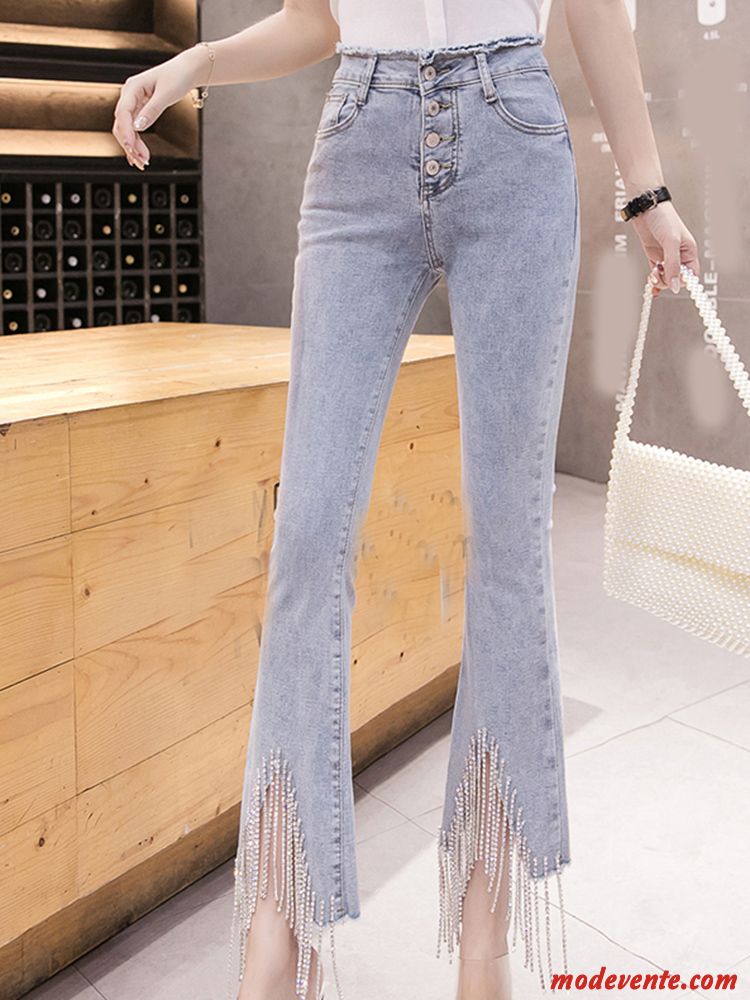 Jeans Femme Légèrement Tempérament Incruster Strass Désign Été Pompon Bleu