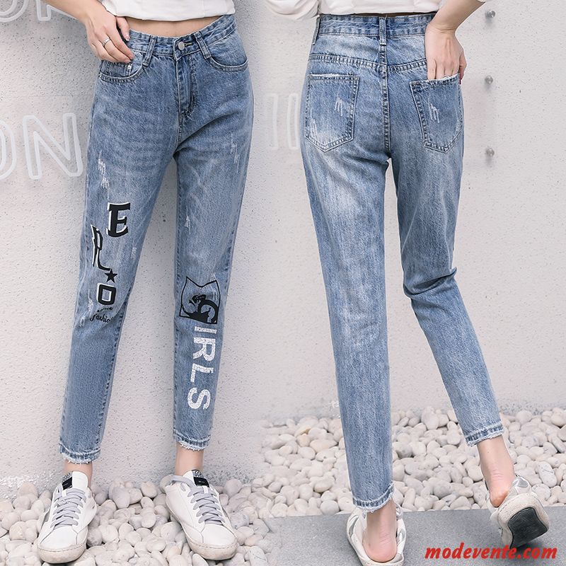 Jeans Femme Mince Tendance L'automne Pantalon Maigre Denim Impression Bleu