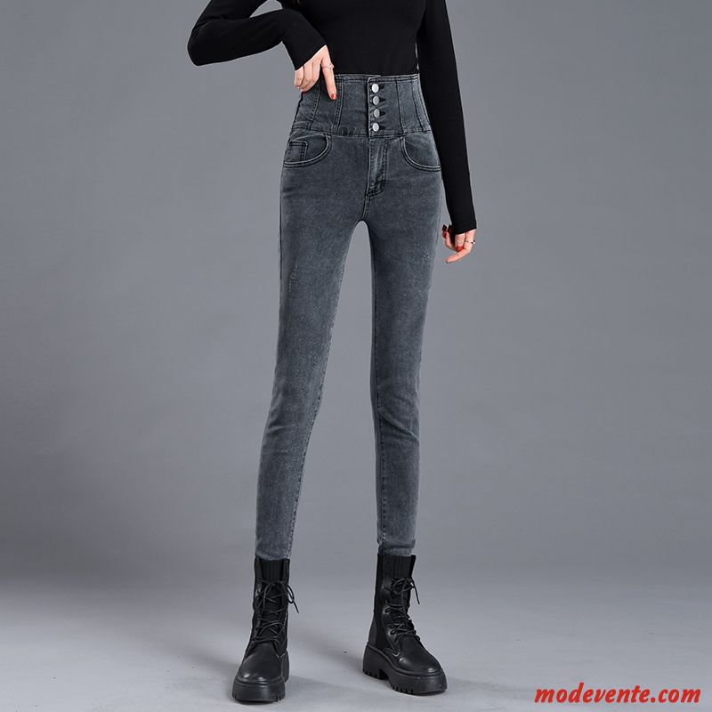 Jeans Femme Moulant Printemps Pantalon Mince Haute Cintrée Serrer Noir Gris