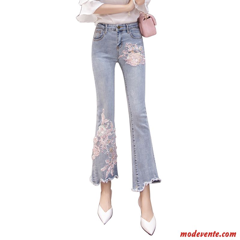 Jeans Femme Printemps Brodé Jean Évasé L'automne Extensible Dimensionnel Bleu Clair