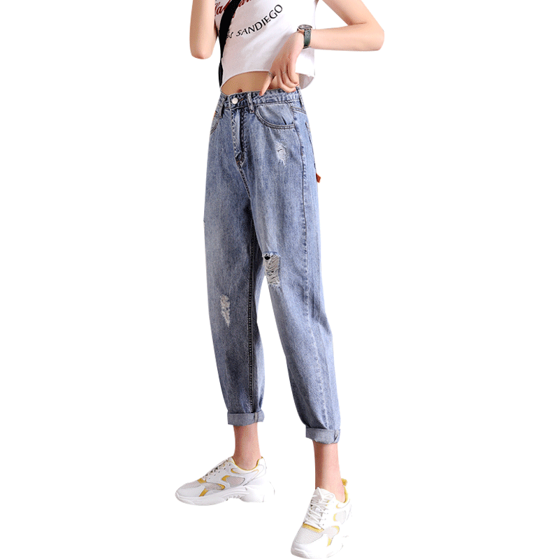 Jeans Femme Élastique Baggy Troués Haute Cintrée Légère Des Trous Bleu