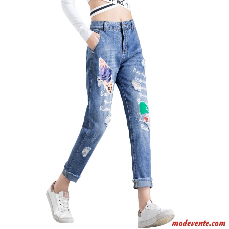 Jeans Femme Été Baggy Flambage Mince Pantalon Collants Impression Bleu Clair