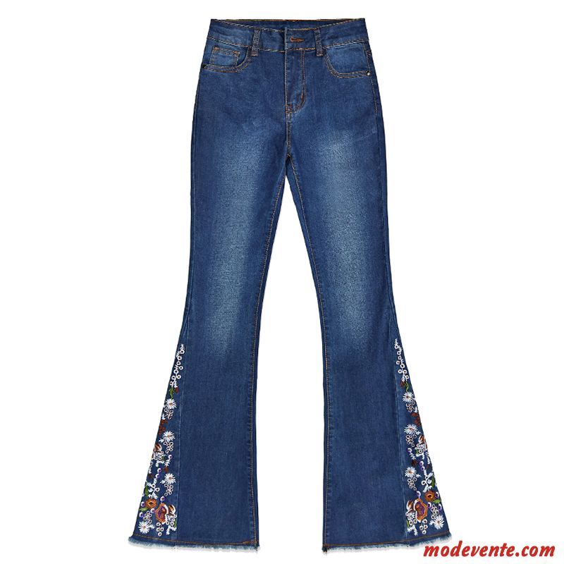 Jeans Femme Évasé Brodé Légèrement Haute Cintrée Baggy Pantalon Bleu Foncé
