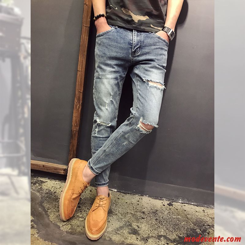 Jeans Homme Collants Printemps Été Des Trous Dans Les Jeans Légère Tendance Bleu Clair