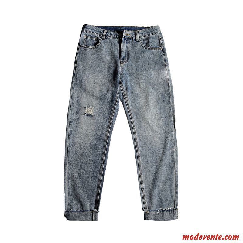 Jeans Homme Des Trous Dans Les Jeans Collants Grande Taille Baggy Jambe Droite Denim Bleu