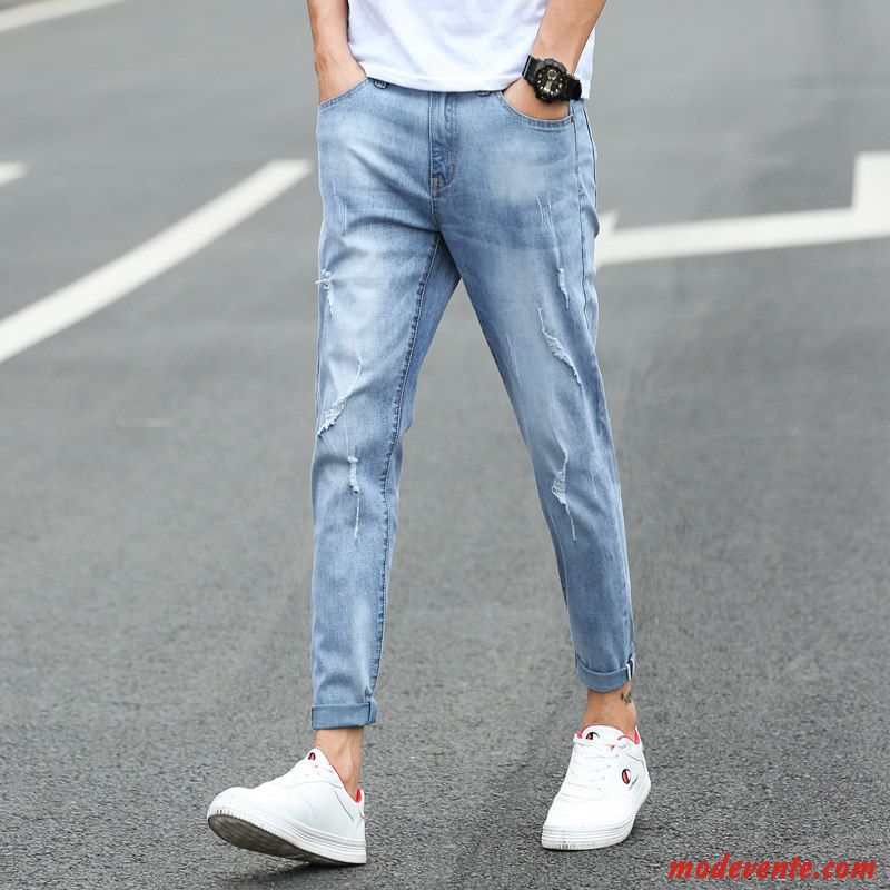 Jeans Homme Des Trous Dans Les Jeans Collants Slim Maigre Tendance Étudiant Bleu