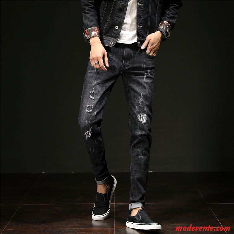 Jeans Homme Des Trous Dans Les Jeans L'automne Pièce Tendance Slim Longue Noir