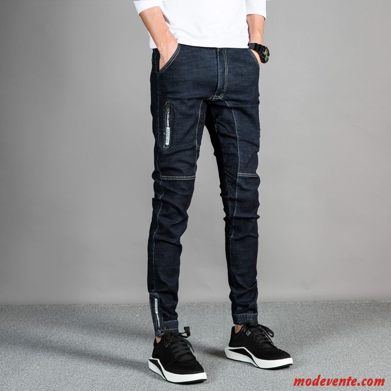 Jeans Homme Extensible Fermeture Éclair Épissure Pantalon Tendance Serrés Bleu Marin