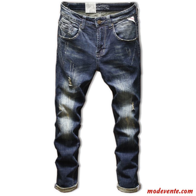 Jeans Homme Extensible Tailleur Tendance Printemps Des Trous Dans Les Jeans Slim Bleu