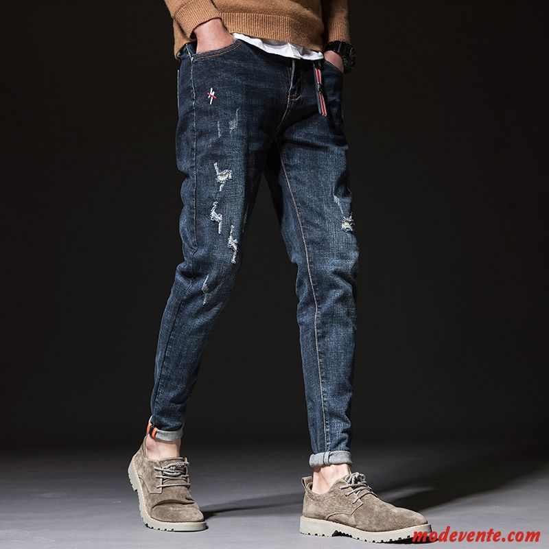 Jeans Homme Extensible Tendance Pantalon Personnalité Slim Maigre Bleu