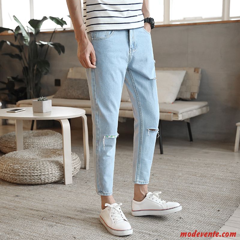 Jeans Homme Harlan Slim Été Printemps Poche Delavé Bleu Clair Couleur De Contraste