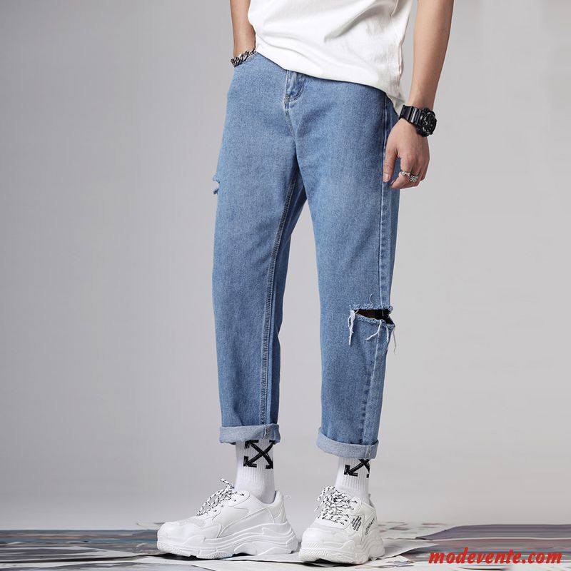 Jeans Homme Jambe Droite Légère Marque De Tendance Été Collants Des Trous Dans Les Jeans Bleu Marin Rouge