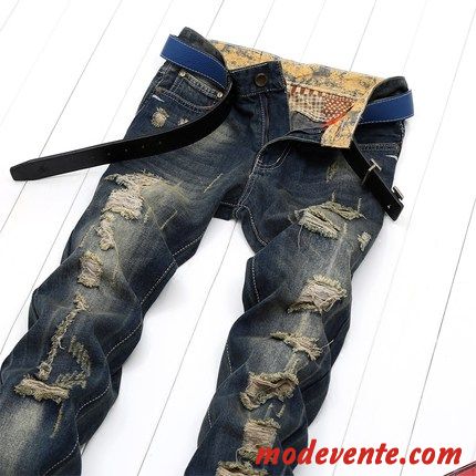 Jeans Homme Longue Personnalité Troués Jeunesse Jambe Droite Pantalon Bleu