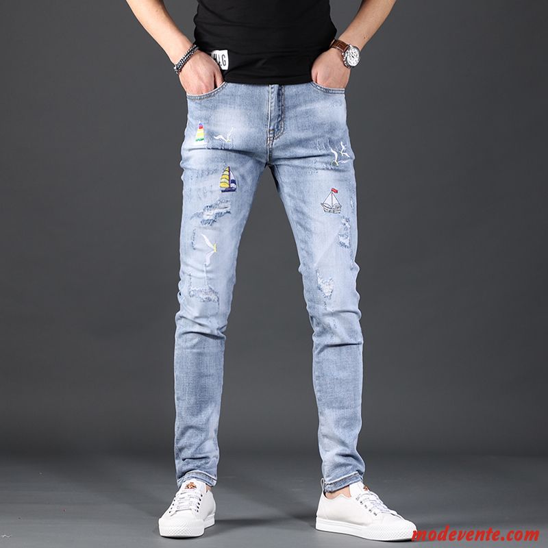 Jeans Homme Légère Marque De Tendance Extensible Maigre Troués Décontractée Bleu Clair Bleu