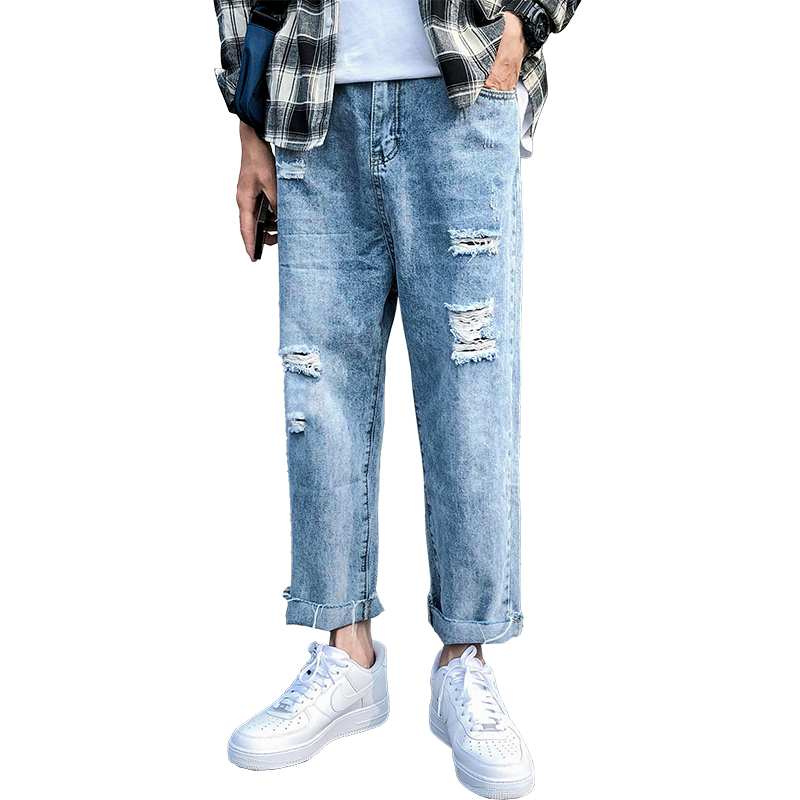 Jeans Homme Légère Marque De Tendance Jambe Droite Troués Été Pantalons Bleu