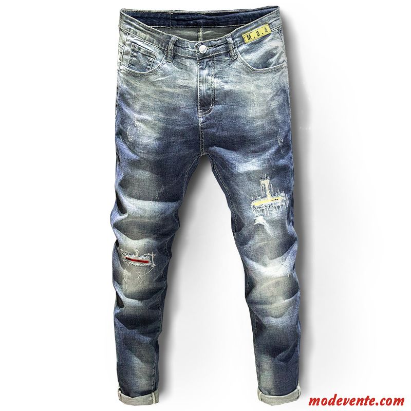 Jeans Homme Maigre Tendance Des Trous Dans Les Jeans Jeunesse Personnalité Printemps Bleu Clair Bleu Blanc